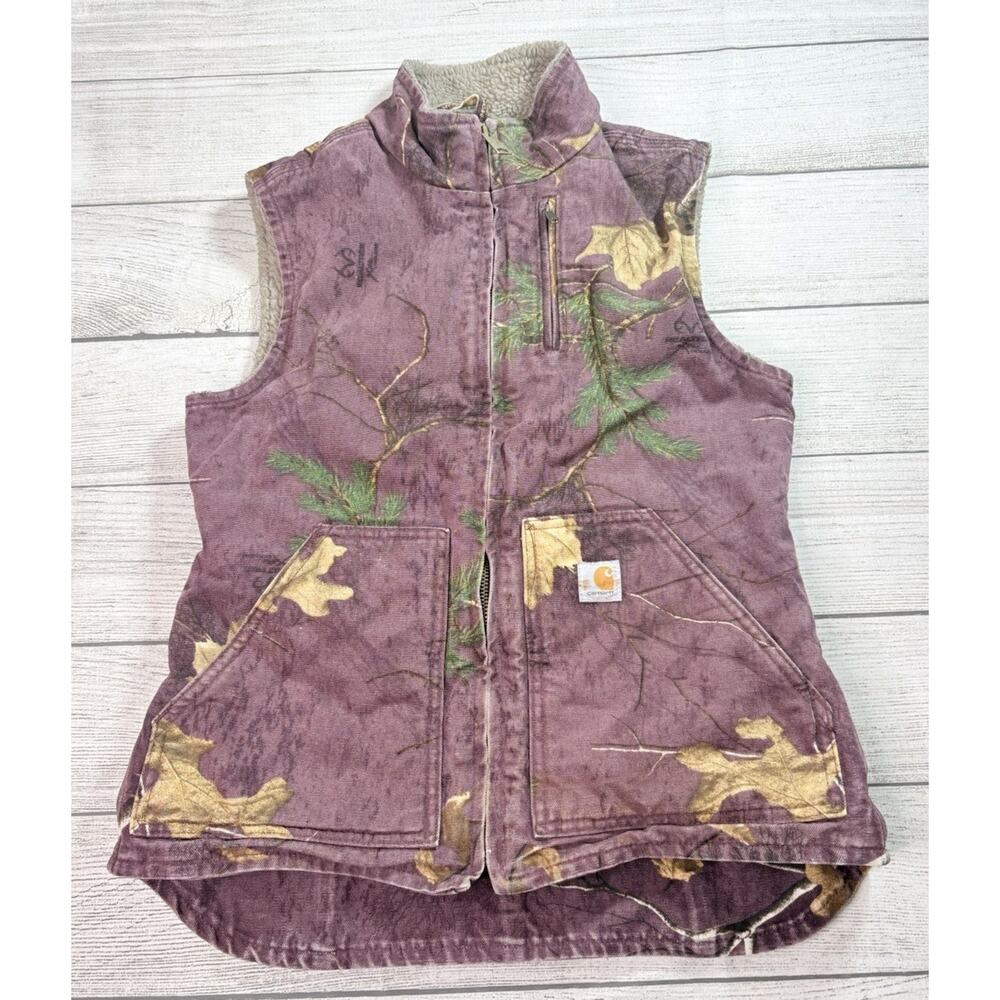 Carhartt Womens Vintage Canvas Zip Up Sherpa Lined Vest Camo Purple Realtree XS